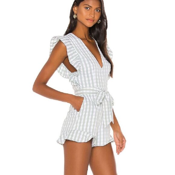 Lovers + Friends Jill Romper Gingham Check Sage Green White Mini Small Playsuit - Picture 13 of 16